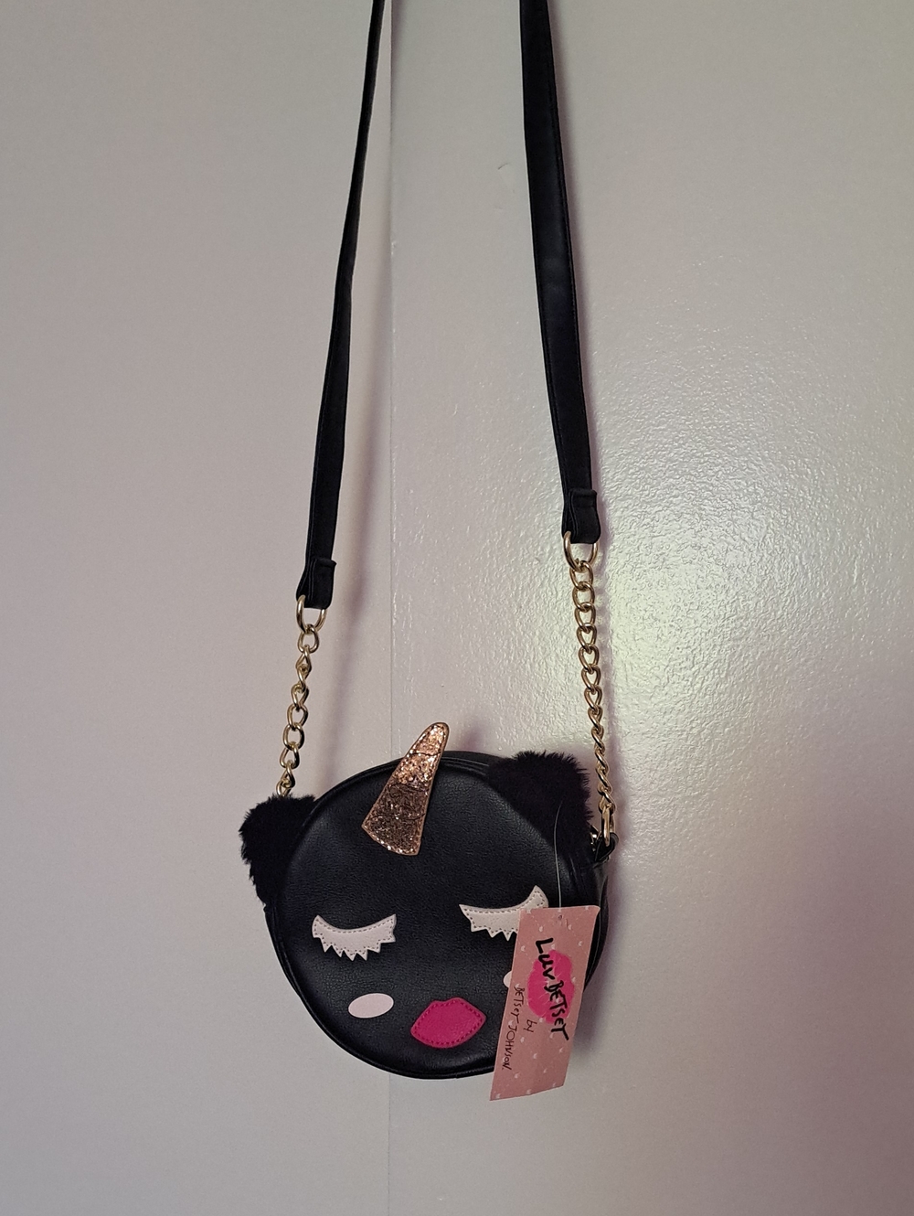 Luv BetseyBlack Unicorn Crossbody Bag with Gold Horn